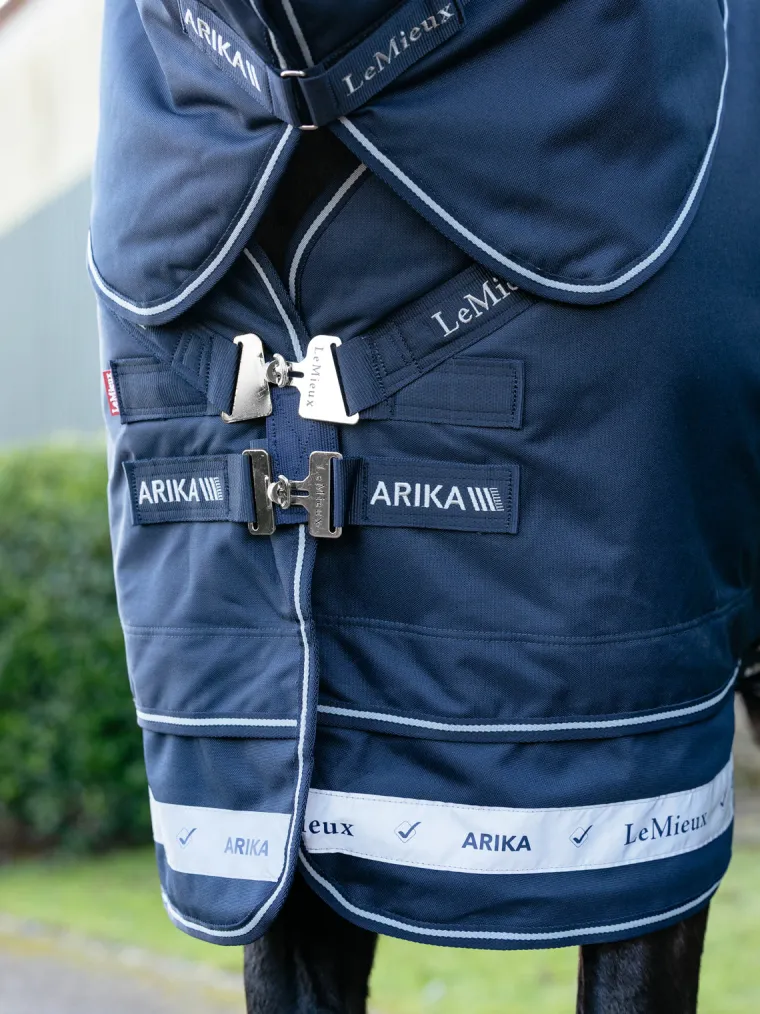 TTwsVyTf_1.webp Discount HORSE HEALTH TRADE LeMieux® Arika Storm-Tek 200 Gram Turnout Blanket with Leg Straps Navy/White/Navy