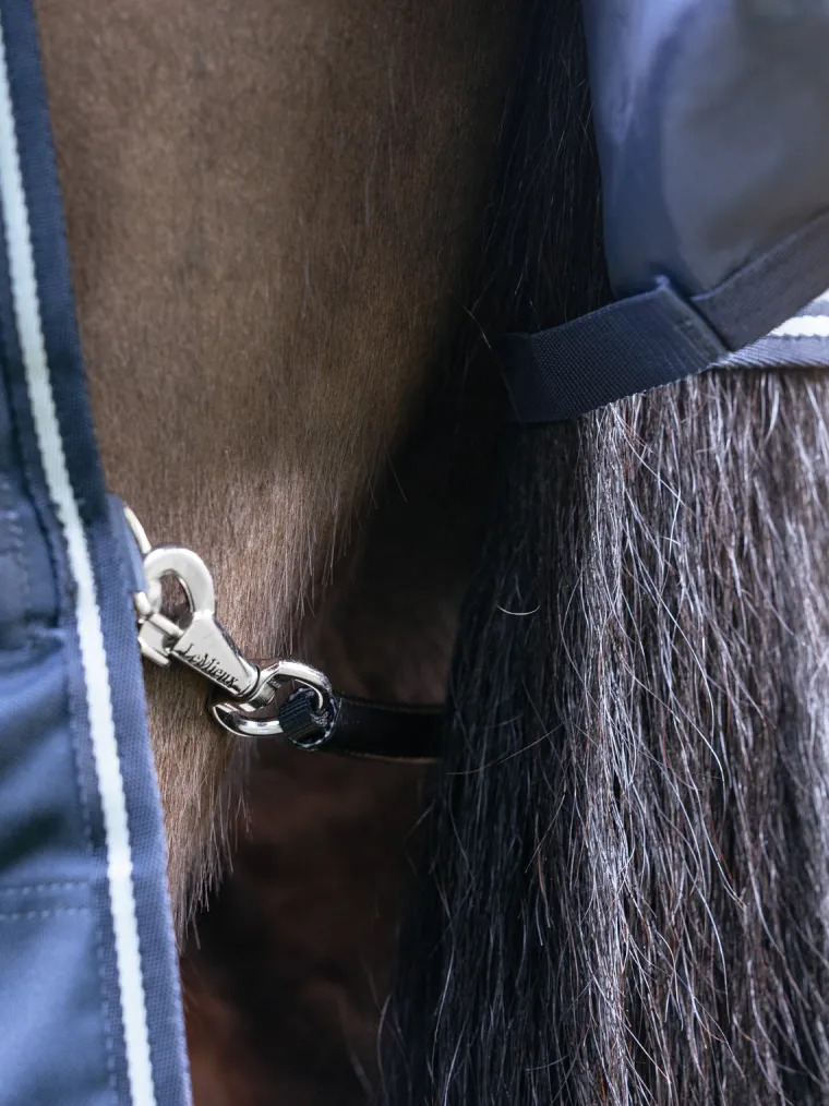 TTwsVyTf_5.webp Discount HORSE HEALTH TRADE LeMieux® Arika Storm-Tek 200 Gram Turnout Blanket with Leg Straps Navy/White/Navy