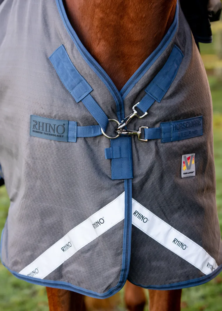 htSSnvFj_2.webp Best HORSEWARE ® Ireland Rhino® Plus HexStop Vari-Layer® 250 Gram Medium-Weight Turnout Blanket Grey/Indigo/Navy