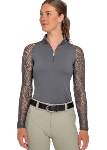 Clearance KASTEL DENMARK Ladies’ Quarter-Zip Floral Lace Long-Sleeve Shirt - "Sutton" Slate