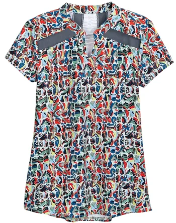 New I APPAREL INT GROUP Noble Equestrian™ Ladies’ Erin Mandarin Short Sleeve Print Top Geo Swirl/Navy