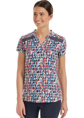 New I APPAREL INT GROUP Noble Equestrian™ Ladies’ Erin Mandarin Short Sleeve Print Top Geo Swirl/Navy